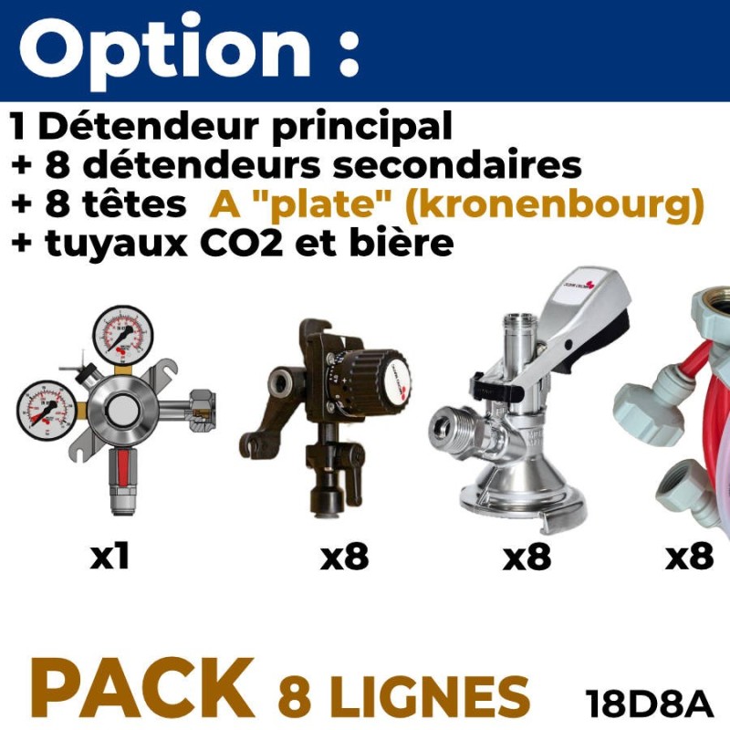 Option pack 8 lignes détendeurs + 8 têtes A "plate" kronenbourg + tuyaux