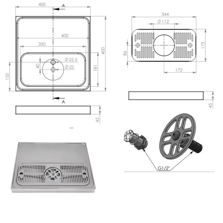Égouttoir INOX pour pompe à bière 400 x 400mm rince verre et vidange