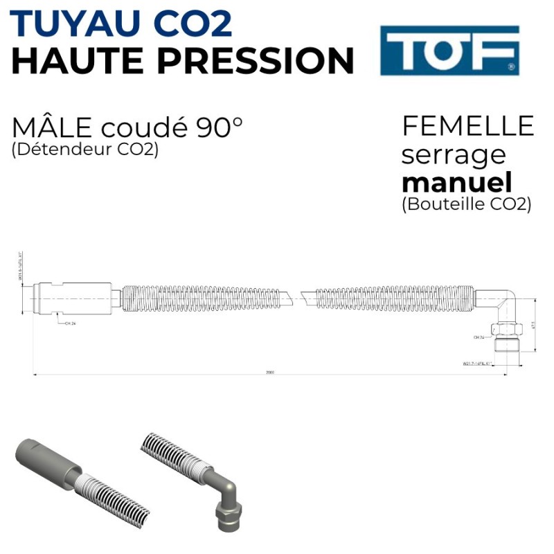 Tuyau CO2 HP haute pression 2m TOF mâle 90° femelle manuel