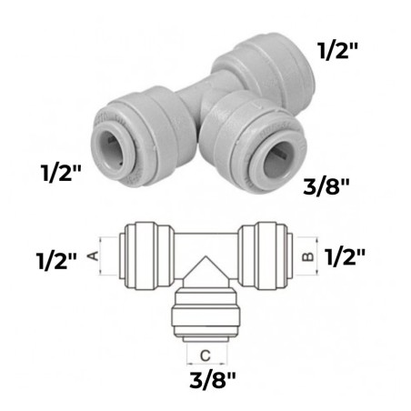 Raccord rapide en Té 3 tubes femelles 1/2" +3/8"  John Guest DMfit