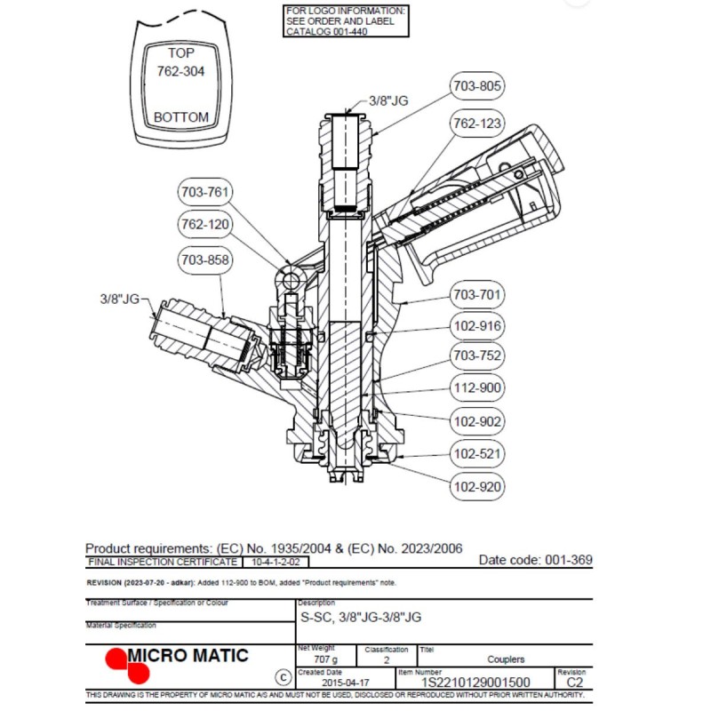 Tête MICRO MATIC S "tête  creuse"  John Guest 3/8" safety