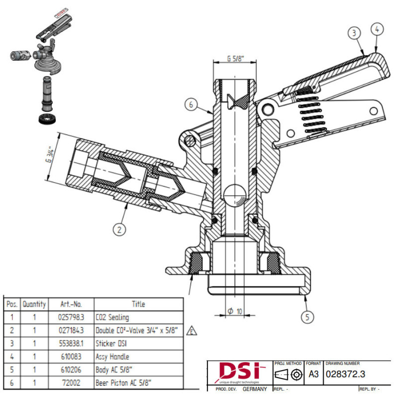Tête de fût DSI type A – Raccords 5/8" bière et 3/4" , installation rapide, haute réparabilité fiable