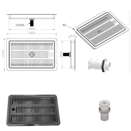 Égouttoir inox encastrable 300 x 180 x 30 mm avec vidange