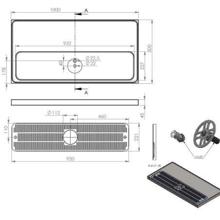 Plateau égouttoir 1000x500x45mm inox pour colonne bière