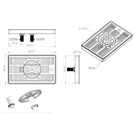 Égouttoir Inox sur comptoir 300 x 180 x 30 mm avec rince verres et vidange