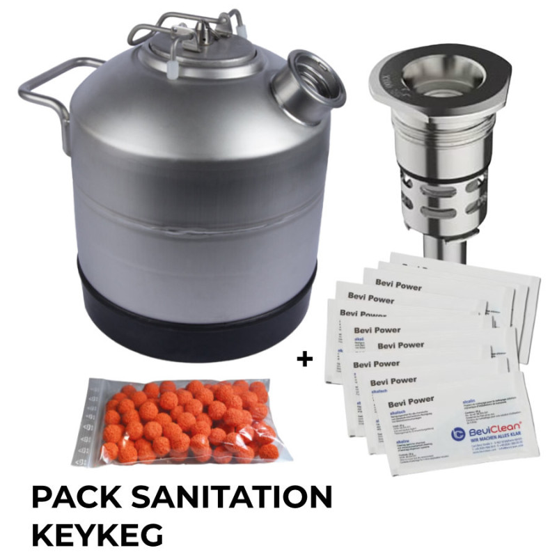 Pack Sanitation inox 9l MicroMatic pour tête Keykeg avec 100 billes et 10 sachets alcalin