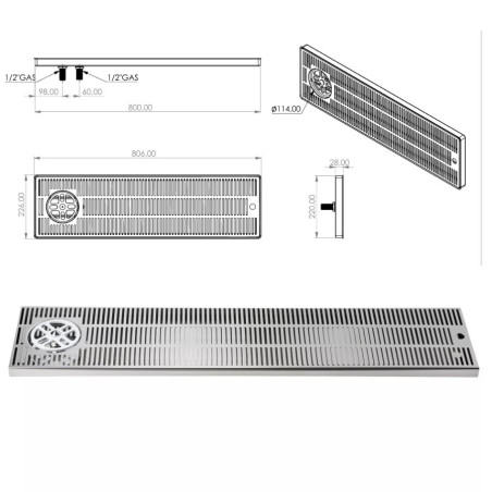 Égouttoir Inox sur comptoir extra large 800 x 220 x 30 mm avec rince verres et vidange