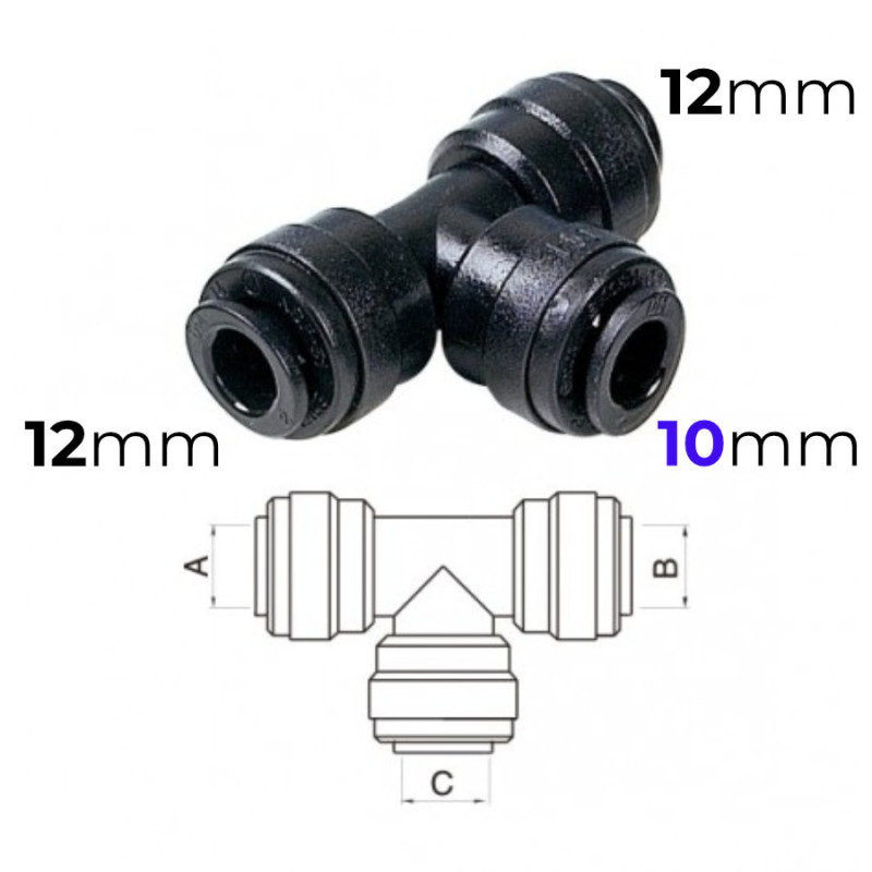 Raccord rapide en Té 2 tubes femelles 12mm + 1x 10mm métrique John Guest DMfit