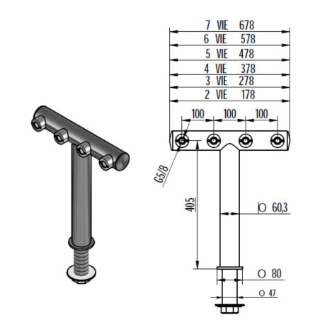 Colonne "Fenice" Slim  finition inox mat brossé pour 5 robinets