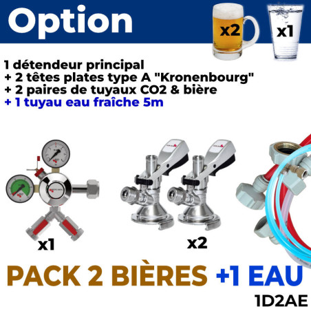 Option pack 2 lignes : détendeur + 2 têtes A "plate" kronenbourg + tuyaux + 1 ligne eau fraiche