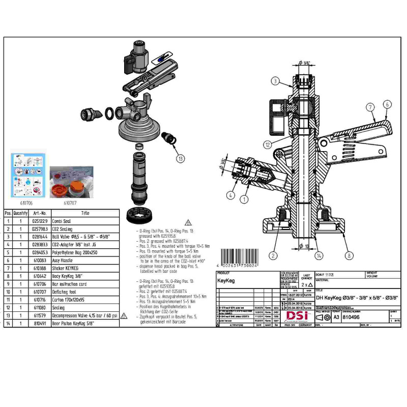 Tête de fût KEYKEG DSI – Raccord John Guest 3/8" – Vanne intégrée