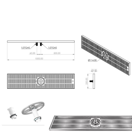 Égouttoir TOF INOX sur comptoir extra large 1000 x 220 x 30 mm avec rince verre et vidange