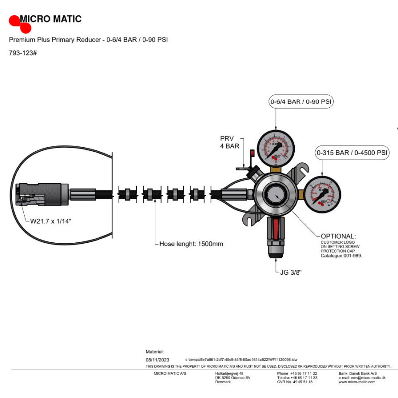 Détendeur MICROMATIC Premium PLUS CO²  4bar 1sortie JG 3/8" avec tuyau HP 1,5m serrage manuel