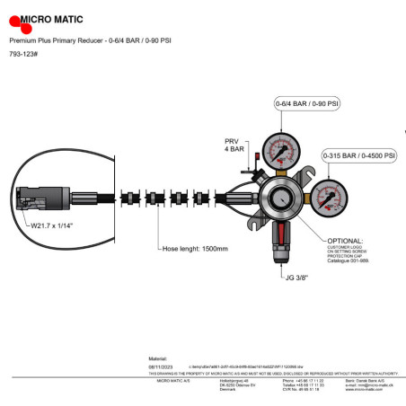 Détendeur MICROMATIC Premium PLUS CO²  4bar 1sortie JG 3/8" avec tuyau HP 1,5m serrage manuel