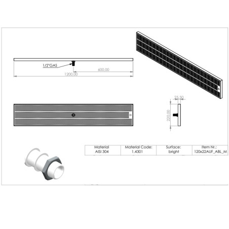 Égouttoir TOF INOX sur comptoir extra large 1200 x 220 x 30 mm avec vidange