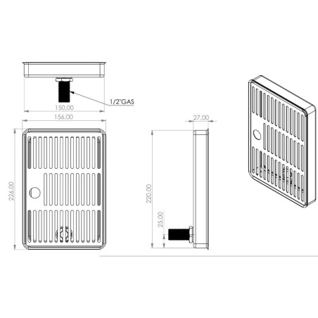 Égouttoir sur comptoir inox 150x226x27 mm avec vidange