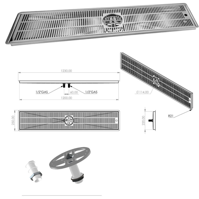 Égouttoir TOF INOX encastrable extra large 1200 x 220 x 30 mm avec rince verre central et vidange