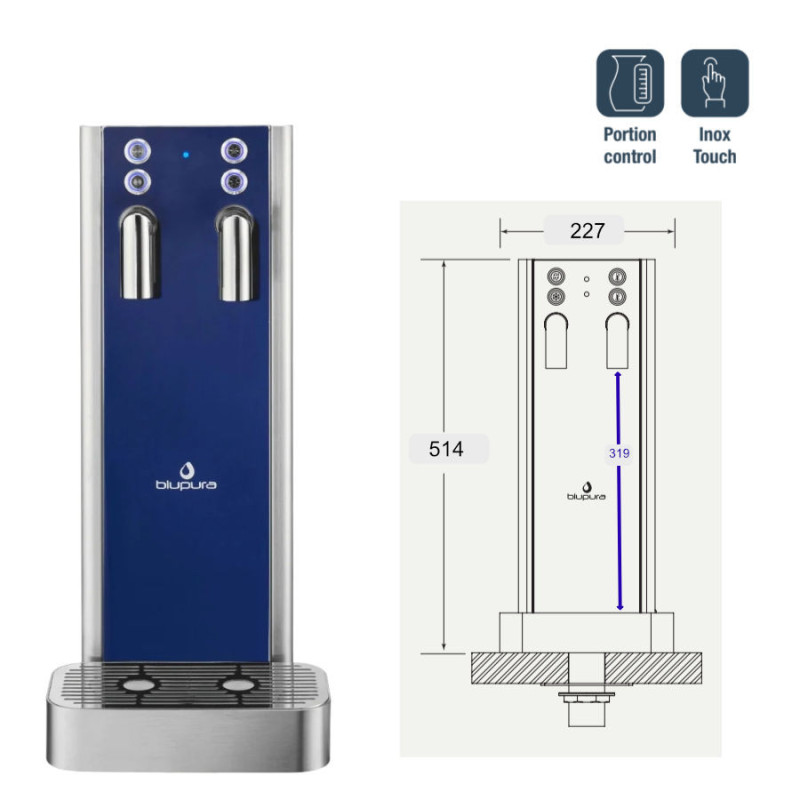 Colonne distributeur 2 becs BluGlass Tower 3W Fizz Vol pour fontaine à eau gazeuse Blupura