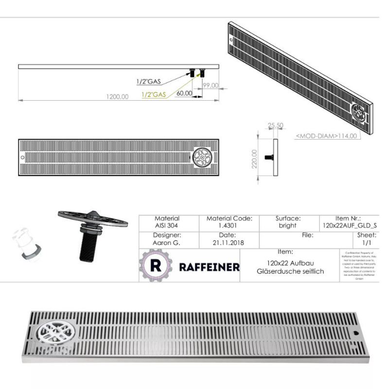 Égouttoir inox sur comptoir extra large 1200 x 220 x 30 mm avec rince verre coté et vidange