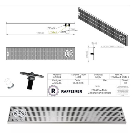 Égouttoir inox sur comptoir extra large 1200 x 220 x 30 mm avec rince verre coté et vidange