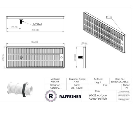 Egouttoir inox sur comptoir 606 x 226 x 28 mm avec vidange sur coté