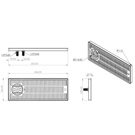 Égouttoir INOX sur comptoir pour pompe à bière TOF 600 x 220 x 30 mm avec rince-verre et vidange