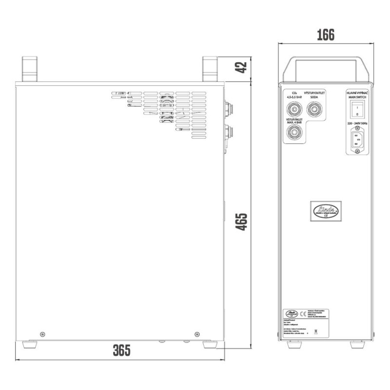 Dimensions : Carbonateur externe LINDR 200 L, 365 x 166 x 465 mm