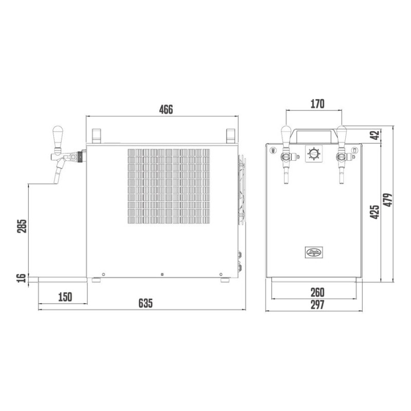 Dimensions : Fontaine à eau gazeuse LINDR SODA Kontakt 70, 466 x 297 x 479 mm