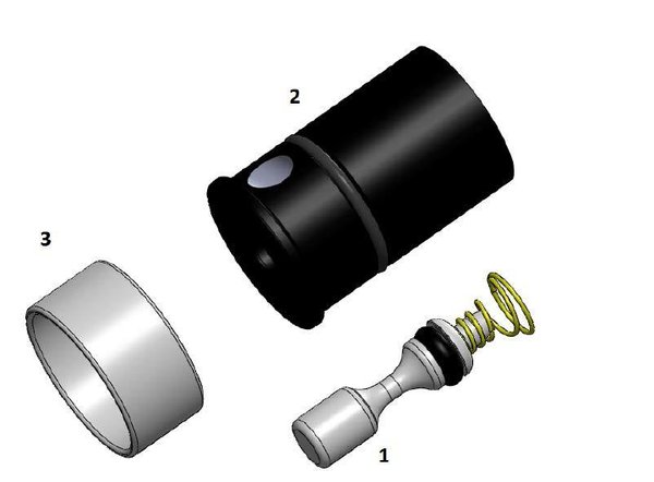 Pièces de la valve EasyTap : piston, corps de valve et bague de mousse