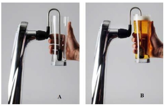 Remplissage d'un verre par le fond avec un robinet EasyTap : le verre pousse la valve, la bière monte sans turbulence